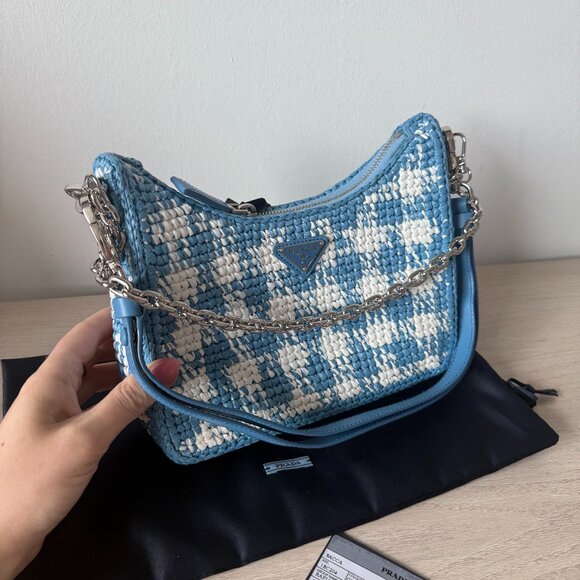NWT Prada Re-Edition Mini Shoulder Bag Celeste Raffia Gingham Pattern Chain - Picture 3 of 10
